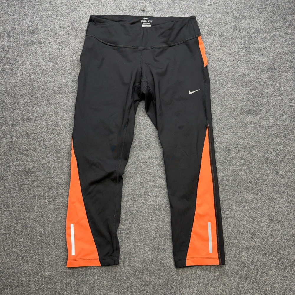 Nike Dri-FIT Womens Running Leggings Black Orange‎ Reflective Cropped Tights M